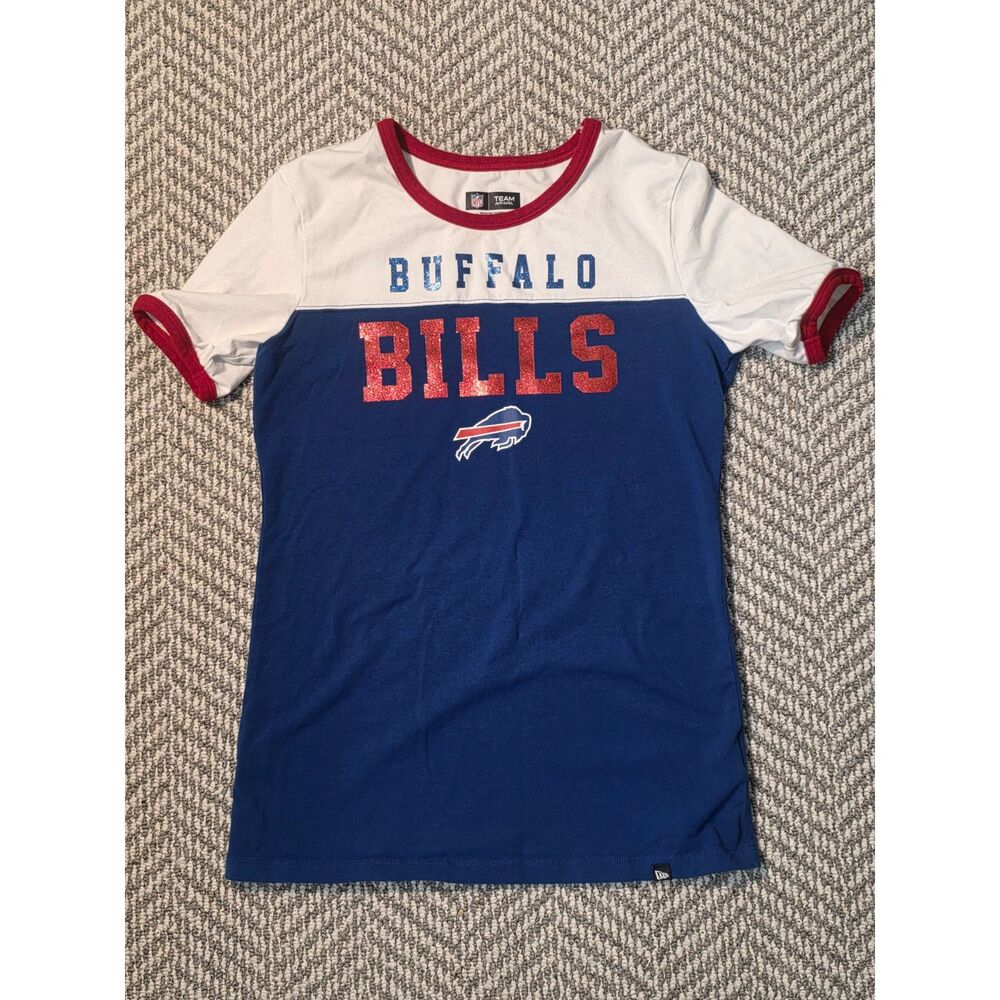 NFL Team Apparel Womens Buffalo Bills Glitter Graphic Ringer T Shirt Size XS